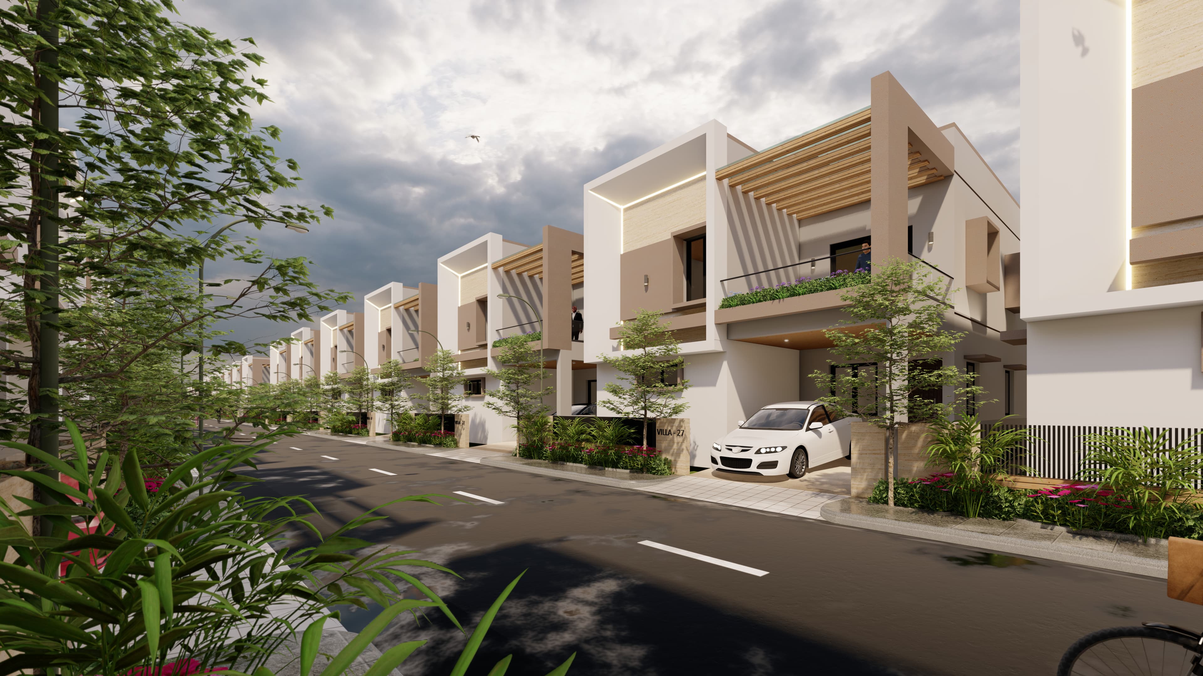 Tranquil Meadows  community street view with all independent villas in a row