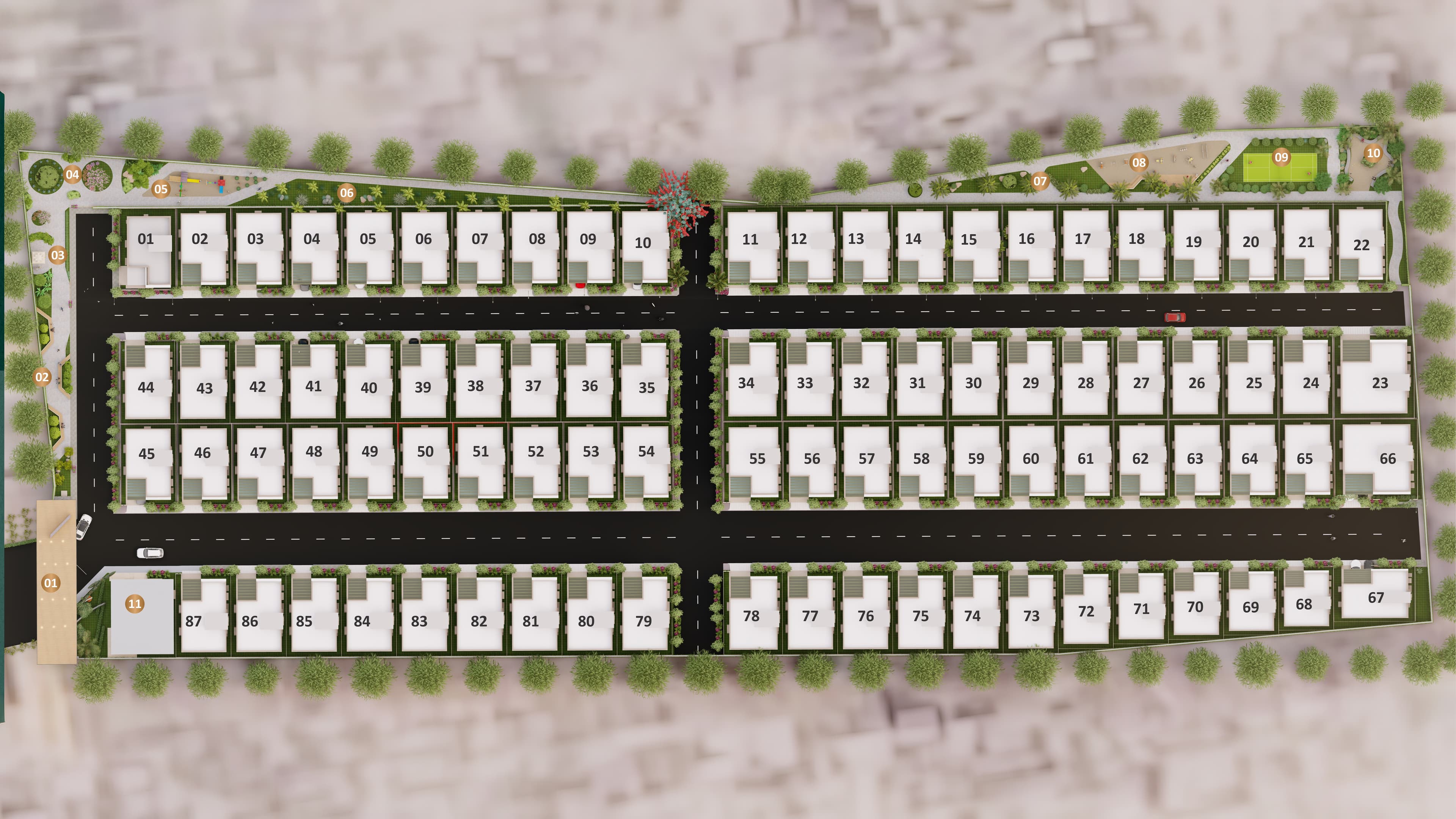 Tranquil Meadows — community master plan with 87 numbered independent villa plots